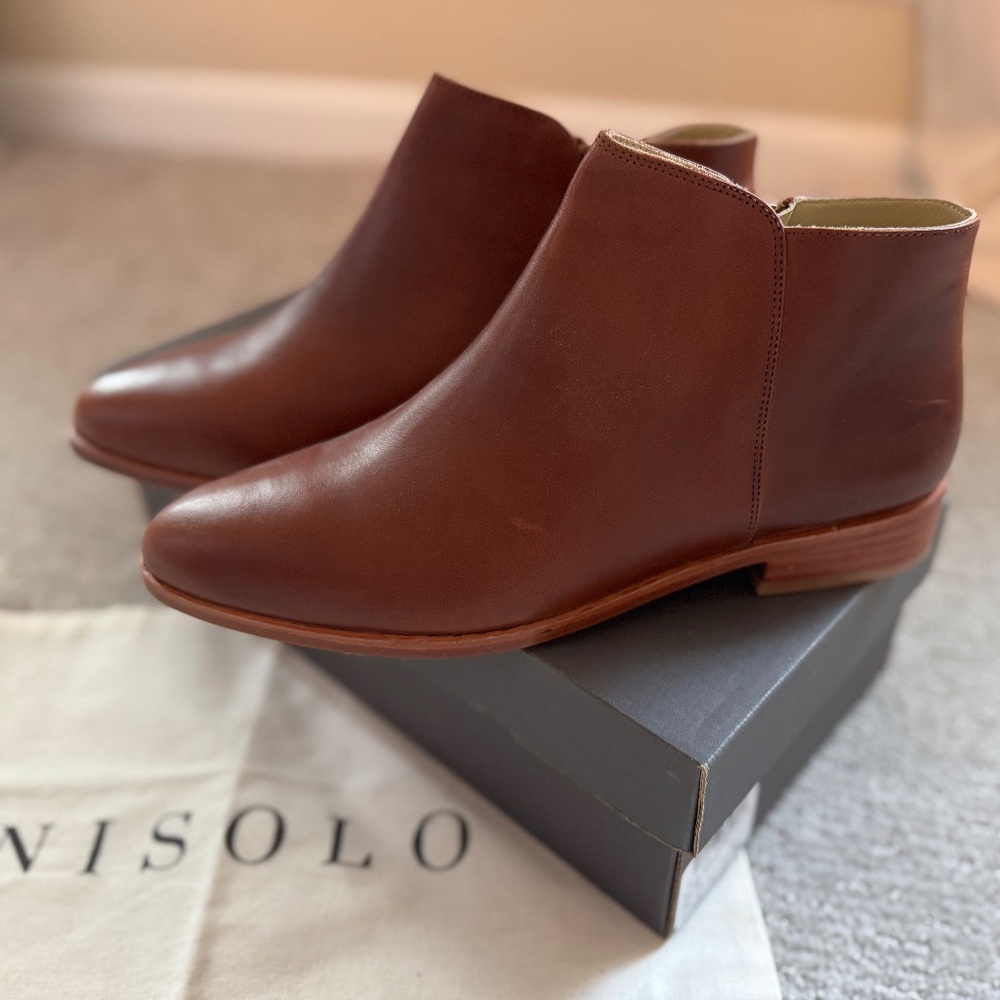 NISOLO Lana Leather Ankle Boots Brandy Brown Side Zip Boot SZ 10